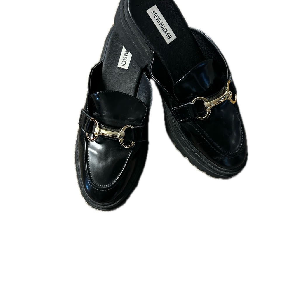 Steve Madden Glossy Black Loafers with Gold Detail